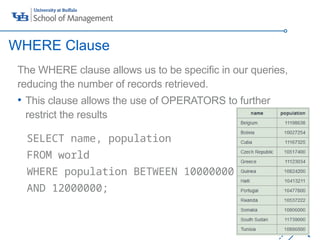 ‘-
16
The WHERE clause allows us to be specific in our queries,
reducing the number of records retrieved.
• This clause allows the use of OPERATORS to further
restrict the results
SELECT name, population
FROM world
WHERE population BETWEEN 10000000
AND 12000000;
WHERE Clause
 
