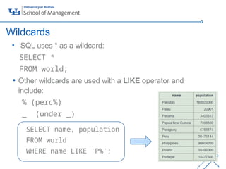 ‘-
18
• SQL uses * as a wildcard:
SELECT *
FROM world;
• Other wildcards are used with a LIKE operator and
include:
% (perc%)
_ (under _)
SELECT name, population
FROM world
WHERE name LIKE 'P%';
Wildcards
 