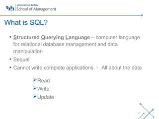 ‘-
2
• Structured Querying Language – computer language
for relational database management and data
manipulation
• Sequel
• Cannot write complete applications  All about the data
Read
Write
Update
What is SQL?
 