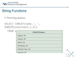 ‘-
29
• Trimming spaces
SELECT CONCAT(name,', ',
SUBSTR(continent,1,3))
FROM world;
String Functions
 
