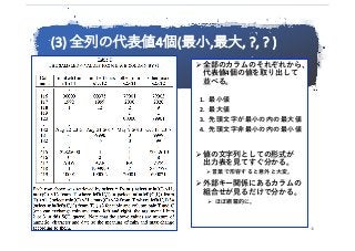 (3)	全列の代表値4個(最⼩,最⼤,	?,	?	)
Ø 全部のカラムのそれぞれから、
代表値4個の値を取り出して
並べる。
1. 最⼩値
2. 最⼤値
3. 先頭⽂字が最⼩の内の最⼤値
4. 先頭⽂字⾮最⼩の内の最⼩値
Ø 値の⽂字列としての形式が
出⼒表を⾒てすぐ分かる。
Ø ⾔葉で形容すると意外と⼤変。
Ø 外部キー関係にあるカラムの
組合せが⾒るだけで分かる。
Ø ほぼ網羅的に。
16
 