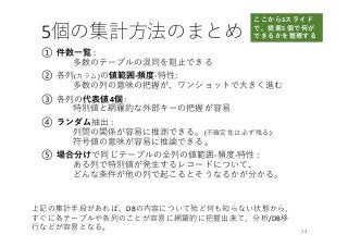 5個の集計⽅法のまとめ
① 件数⼀覧 :	
多数のテーブルの混同を阻⽌できる
② 各列(カラム)の値範囲-頻度-特性:	
多数の列の意味の把握が、ワンショットで⼤きく進む
③ 各列の代表値4個 :	
特別値と網羅的な外部キーの把握が容易
④ ランダム抽出 :	
列間の関係が容易に推測できる。(不確定性は必ず残る)
符号値の意味が容易に推論できる。
⑤ 場合分けで同じテーブルの全列の値範囲-頻度-特性 :
ある列で特別値が発⽣するレコードについて、
どんな条件が他の列で起こるとそうなるかが分かる。
24
上記の集計⼿段があれば、DBの内容について殆ど何も知らない状態から、
すぐに各テーブルや各列のことが容易に網羅的に把握出来て、分析/DB移
⾏などが容易となる。
ここから3スライド
で、提案5	個で何が
できるかを整理する
 