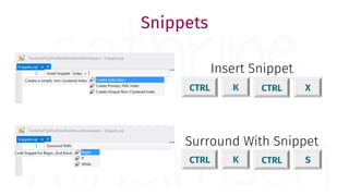 CTRL K CTRL X
Insert Snippet
CTRL K CTRL S
Surround With Snippet
Snippets
 