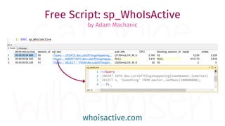 whoisactive.com
Free Script: sp_WhoIsActive
by Adam Machanic
 