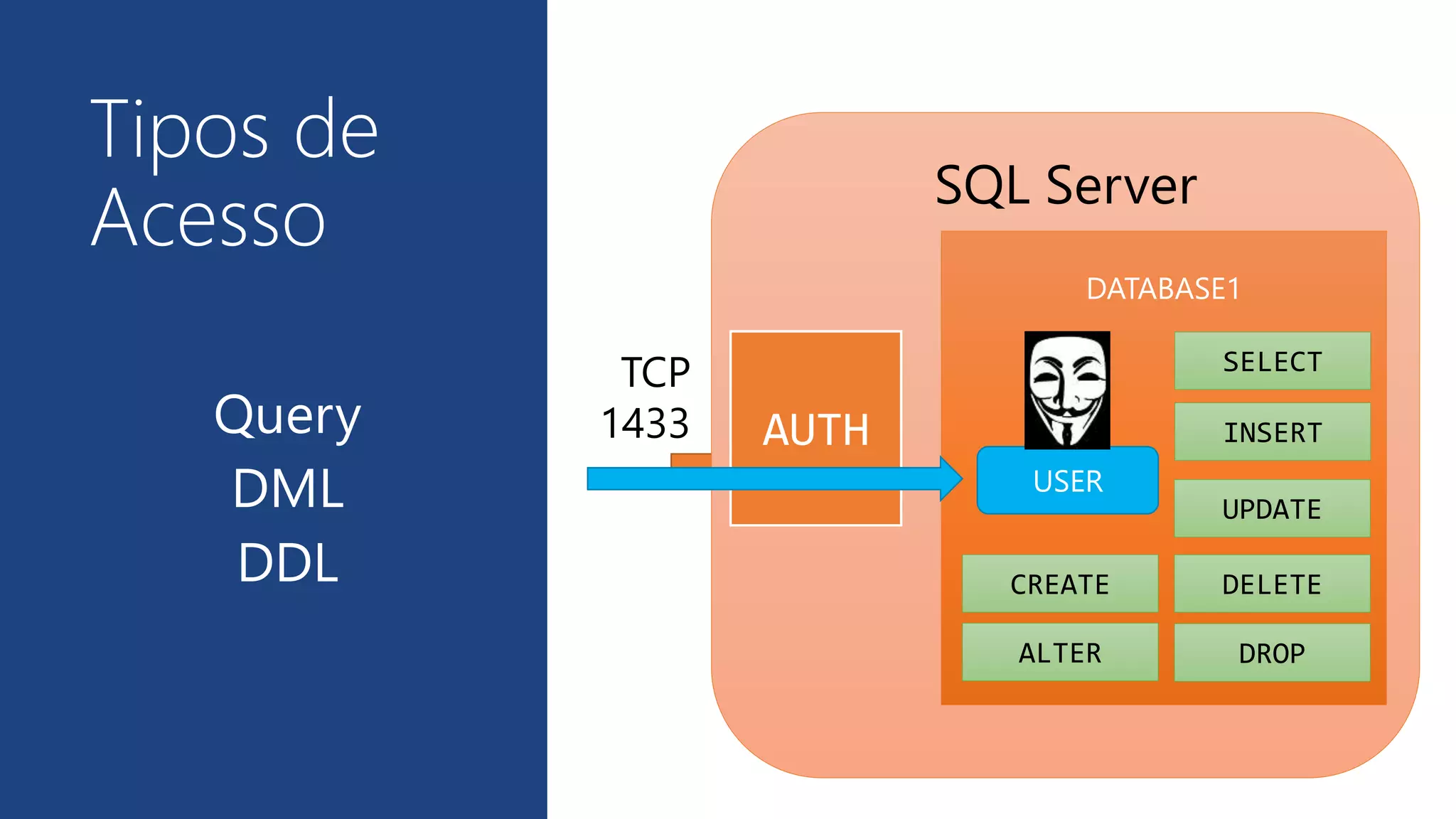 SQL Server
TCP
1433Query
DML
DDL
Tipos de
Acesso
AUTH
DATABASE1
SELECT
USER
INSERT
UPDATE
DELETECREATE
DROPALTER
 