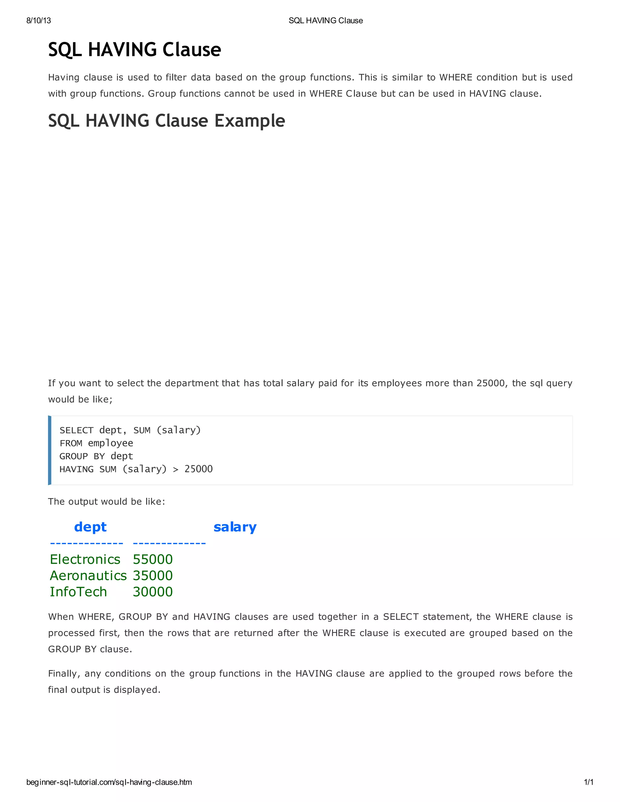 Sql having clause | PDF