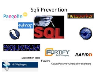 Sqli Prevention

Exploitation tools
Fuzzers
Active/Passive vulnerability scanners

 