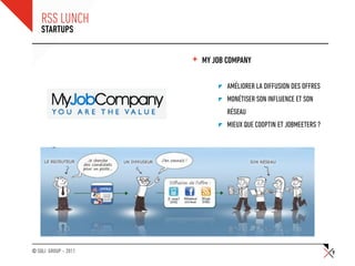 RSS LUNCH
    STARTUPS


                      +   MY JOB COMPANY

                                 AMÉLIORER LA DIFFUSION DES OFFRES
                                 MONÉTISER SON INFLUENCE ET SON
                                 RÉSEAU
                                 MIEUX QUE COOPTIN ET JOBMEETERS ?




© SQLI GROUP – 2011                                                  9
 