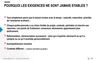 POURQUOI LES EXIGENCES NE SONT JAMAIS STABLES ?
+ Tout simplement parce que le besoin évolue avec le temps : maturité, maturation, priorités
de l’entreprise évoluent…
+ Chaque partie-prenante a sa vision limitée du projet, contexte, périmètre et cherche ses
réponses. Les points de frottement, consensus nécessaires apparaissent plus
tardivement.
+ Reformulation, retranscription successive : celui qui s’exprime retranscrit ce qu’il a
compris ou ce qu’il souhaite personnellement
+ Incompréhension humaine
+ Contexte différent : « chacun voit midi à sa porte »
20chdessus@sqli.com - support de présentation
 