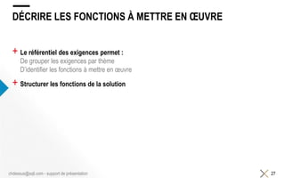 DÉCRIRE LES FONCTIONS À METTRE EN ŒUVRE
+ Le référentiel des exigences permet :
De grouper les exigences par thème
D’identifier les fonctions à mettre en œuvre
+ Structurer les fonctions de la solution
27chdessus@sqli.com - support de présentation
 