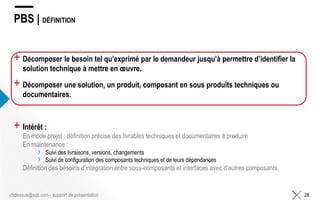 PBS | DÉFINITION
+ Décomposer le besoin tel qu’exprimé par le demandeur jusqu’à permettre d’identifier la
solution technique à mettre en œuvre.
+ Décomposer une solution, un produit, composant en sous produits techniques ou
documentaires.
+ Intérêt :
En mode projet : définition précise des livrables techniques et documentaires à produire
En maintenance :
› Suivi des livraisons, versions, changements
› Suivi de configuration des composants techniques et de leurs dépendances
Définition des besoins d’intégration entre sous-composants et interfaces avec d’autres composants.
28chdessus@sqli.com - support de présentation
 