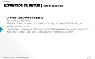 EXPRESSION DU BESOIN | JUSTIFIER SON BESOIN
+Un besoin doit toujours être justifié
Il a un coût pour l’entreprise
Il doit être pertinent au regard de l’usage d’une solution, la stratégie d’évolution d’un outil,
technologie, infrastructure
Les demandes conséquentes, structurantes, importantes doivent en plus décrire un enjeu; ces
demandes doivent donc être portées par un sponsor, membre d’une direction.
5chdessus@sqli.com - support de présentation
 