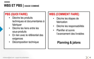 WBS ET PBS | USAGE COMBINÉ
42chdessus@sqli.com - support de présentation
WBS (COMMENT FAIRE)
• Décrire les étapes de
fabrication
• Décrire les responsabilités
• Planifier et suivre
l’avancement des livrables
Planning & jalons
PBS (QUOI FAIRE)
• Décrire les produits
techniques et documentaires à
fabriquer
• Décrire les liens entre les
sous-produits
• En lien avec le référentiel des
exigences
• Décomposition technique
 