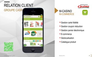 M-COMMERCE
M-CASINO
+ Gestion carte fidélité
+ Gestion coupon réduction
+ Gestion panier électronique
+ E-commerce
+ Géolocalisation
+ Catalogue produit
45février 2015
RELATION CLIENT
GROUPE CASINO
© SQLI GROUP | 2015
 
