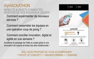 + Comment expérimenter de nouveaux
services ?
+ Comment rassembler les équipes en
une opération coup de poing ?
+ Comment concilier innovation, digital et
agilité en une semaine ?
myHACKATHON
MOBILITÉ & OBJETS CONNECTÉS :
INVENTEZ DE NOS NOUVEAUX USAGES
SQLI VOUS PROPOSE DE VOUS ACCOMPAGNER :
1 PROOF OF CONCEPT > 1 BRAINSTORMING > 1 SEMAINE
Accélérez le passage de l’idée au projet grâce à une
innovation de rupture et brisez les silos traditionnels !
février 2015© SQLI GROUP | 2015 55
 