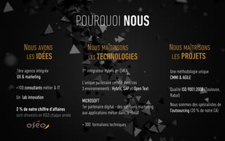 POURQUOI NOUS
67
NOUS AVONS
1ère agence intégrée
UX & marketing
>100 consultants métier & IT
Un lab innovation
2 % de notre chiﬀre d’aﬀaires
sont réinvestis en R&D chaque année
1er intégrateur Hybris en EMEA
L’unique partenaire certiﬁé dans ces
3 environnements : Hybris, SAP et Open Text
MICROSOFT
1er partenaire digital - des solutions marketing
aux applications métier dans le cloud
> 300 formations techniques
Nous sommes des spécialistes de
l’outsourcing (20 % de notre CA)
Une méthodologie unique
CMMI & AGILE
Qualité ISO 9001:2008 (Toulouse,
Rabat)
NOUS MAÎTRISONS NOUS MAÎTRISONS
LES TECHNOLOGIES LES PROJETSLES IDÉES
 