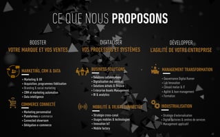 CE QUE NOUS PROPOSONS
BOOSTER
VOTRE MARQUE ET VOS VENTES
COMMERCE CONNECTÉ
+ Marketing personnalisé
+ Plateformes e-commerce
+ Connected showroom
+ Délégation e-commerce
MARKETING, CRM & DATA
+ Marketing & UX
+ Acquisition, programmes ﬁdélisation
+ Branding & social marketing
+ CRM et marketing automation
+ Data intelligence
DÉVELOPPER
L’AGILITÉ DE VOTRE ENTREPRISE
INDUSTRIALISATION
+ Stratégie d’externalisation
+ Digital factories & centres de services
+ Management applicatif
MANAGEMENT TRANSFORMATION
+ Gouvernance Digital Runner
+ Lab Innovation
+ Conseil metier & IT
+ Agilité & lean management
+ Formation
DIGITALISER
VOS PROCESSUS ET SYSTÈMES
BUSINESS SOLUTIONS
+ Solutions collaboratives
+ Digitalisation des services
+ Solutions achats & ﬁnance
+ Enterprise Assets Management
+ BI & analytics
MOBILITÉ & OBJETS CONNECTÉS
+ Stratégie cross-canal
+ Usages mobiles & technologies
+ Innovation IoT
+ Mobile factory
68
 