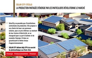 LAPRODUCTIONPARTAGÉED’ÉNERGIEPARLESPARTICULIERSRÉVOLUTIONNELEMARCHÉ
SOLAR CITY (TESLA)
+ SolarCity ne possède pas d’installations
centralisées de production. Elle propose à
ses clients de louer ses panneaux
solaires, pour un prix inférieur au montant
de leur facture d’électricité, en se
chargeant pour sa part d’acheter et de
revendre l’énergie. Et donc en
garantissant le même niveau
d’approvisionnement.
+ SOLAR CITY détient déjà 39% du marché
du photovoltaique aux Etats-Unis
#energie #mieuxconsommer #maison
 