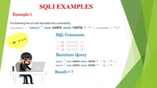 SQLI EXAMPLES
Example:1
The following line of code illustrates this vulnerability:
statement = "SELECT * FROM users WHERE name = '" + userName + "';"
SELECT * FROM users WHERE name = '' OR '1'='1';
SELECT * FROM users WHERE name = '' OR '1'='1' -- ';
Resultant Query
' OR '1'='1' --
' OR '1'='1' ({
' OR '1'='1' /*
SQL Comments
Result = ?
 