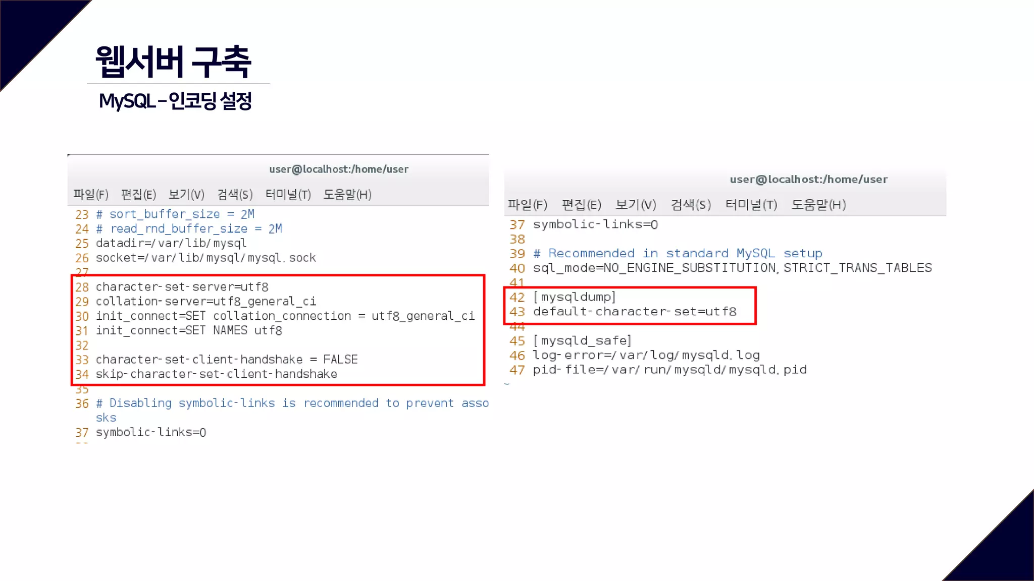 웹서버 구축
MySQL–인코딩설정
 