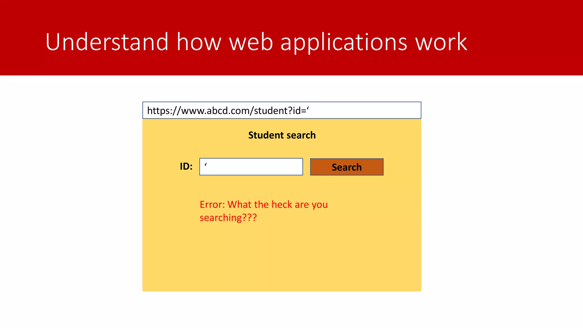 Understand how web applications work Student search ‘ID: Search https://www.abcd.com/student?id=‘ Error: What the heck are you searching??? 