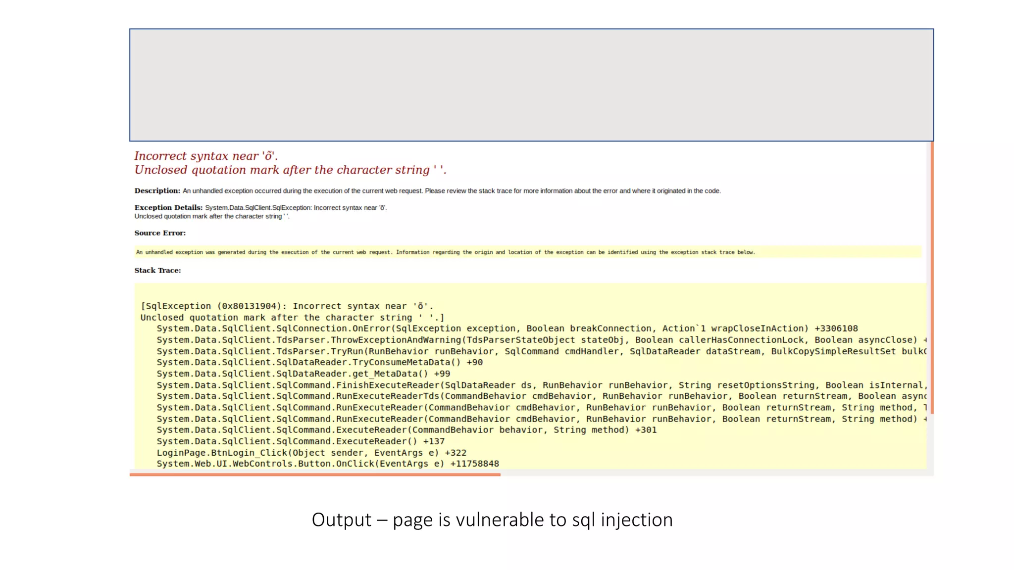 Output – page is vulnerable to sql injection 