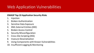 Web Application Vulnerabilities
OWASP Top 10 Application Security Risks
1. Injection
2. Broken Authentication
3. Sensitive Data Exposure
4. XML External Entities (XXE)
5. Broken Access Control
6. Security Misconfiguration
7. Cross-Site Scripting (XSS)
8. Insecure Deserialization
9. Using Components with Known Vulnerabilities
10. Insufficient Logging & Monitoring
 