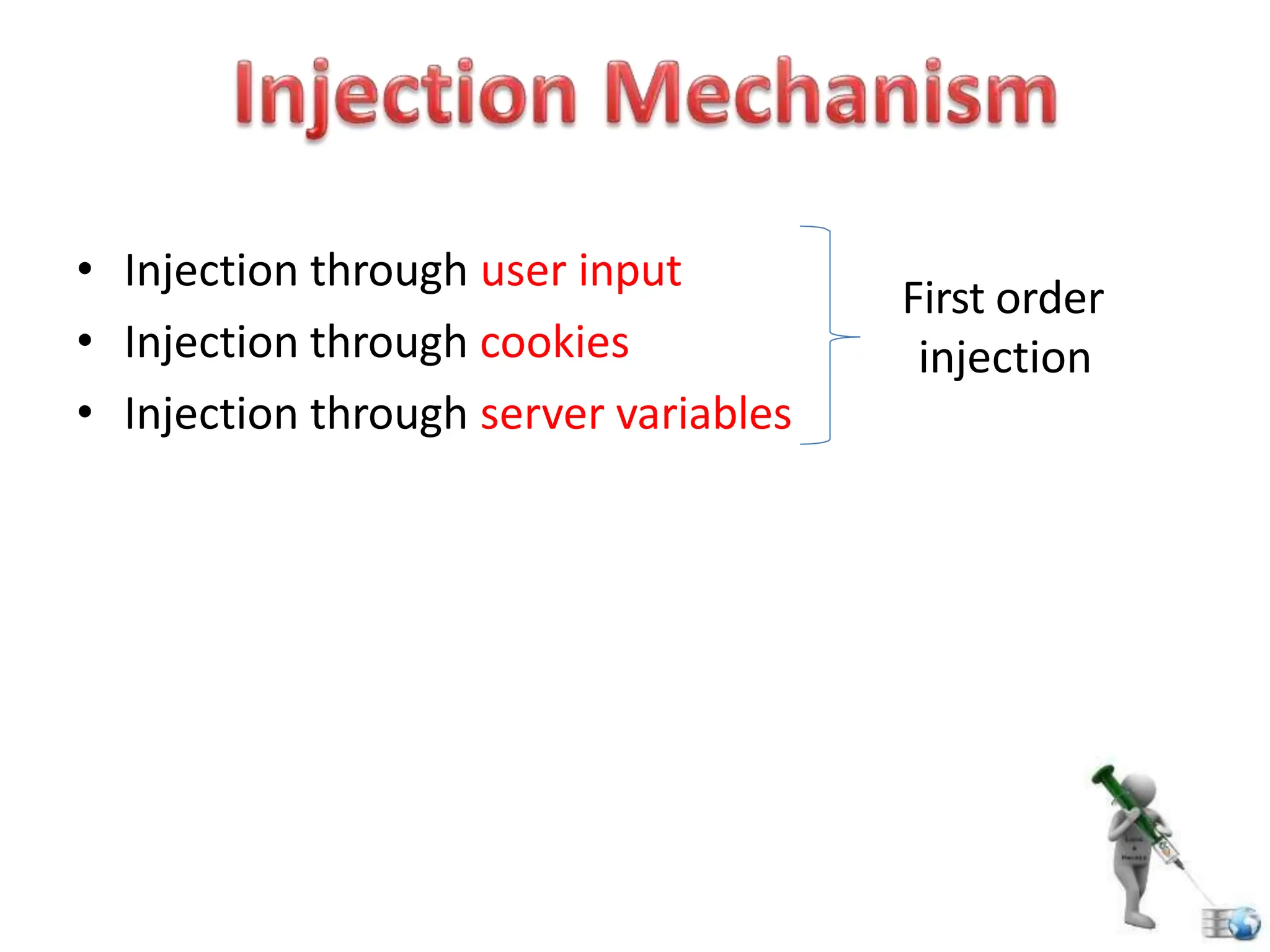 • Injection through user input
• Injection through cookies
• Injection through server variables
First order
injection
 