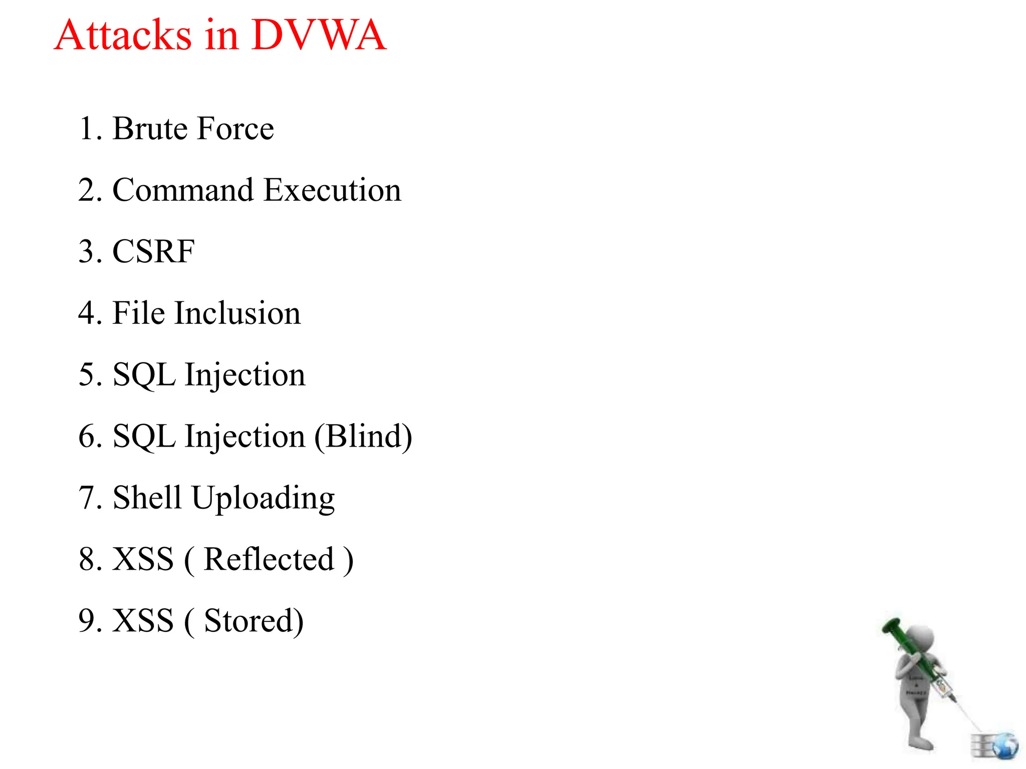 Attacks in DVWA
1. Brute Force
2. Command Execution
3. CSRF
4. File Inclusion
5. SQL Injection
6. SQL Injection (Blind)
7. Shell Uploading
8. XSS ( Reflected )
9. XSS ( Stored)
 