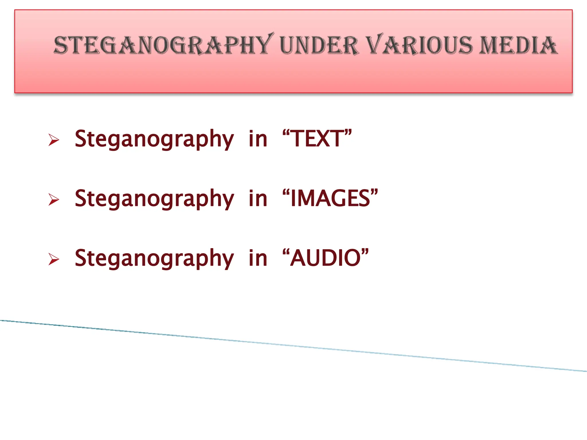  Steganography in “TEXT”
 Steganography in “IMAGES”
 Steganography in “AUDIO”
 