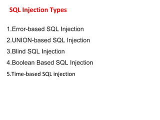 SQL Injection Types
1.Error-based SQL Injection
2.UNION-based SQL Injection
3.Blind SQL Injection
4.Boolean Based SQL Injection
5.Time-based SQL injection
 