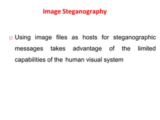 Image Steganography
 Using image files as hosts for steganographic
messages takes advantage of the limited
capabilities of the human visual system
 