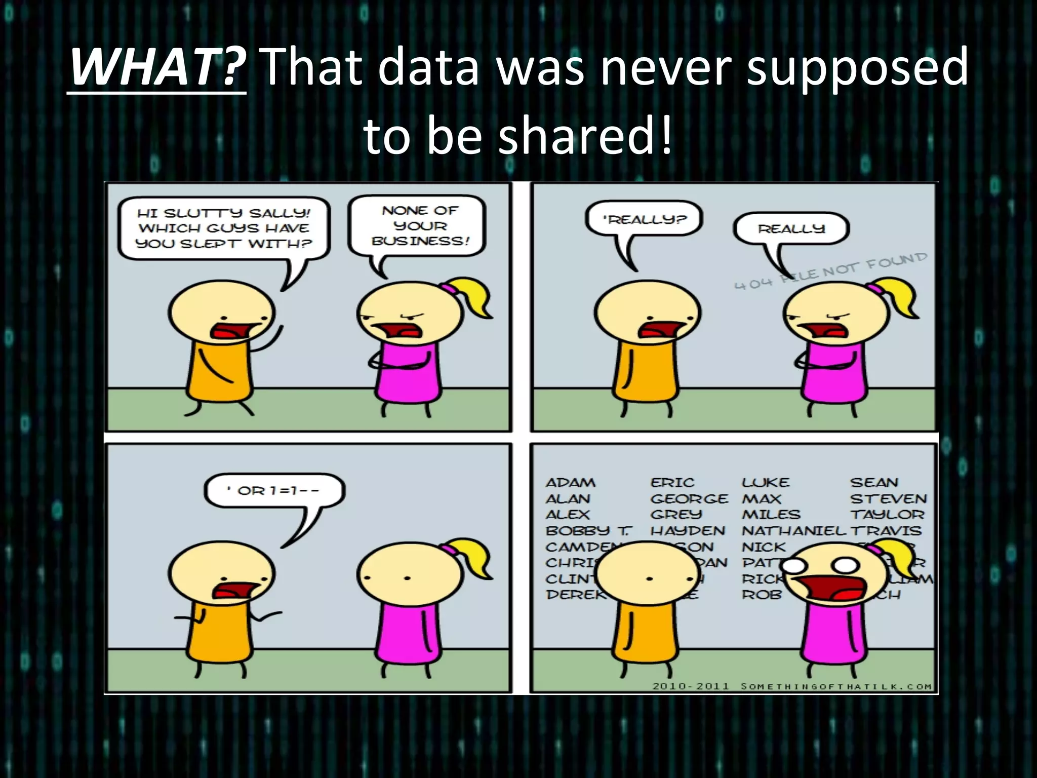 WHAT?	
  That	
  data	
  was	
  never	
  supposed	
  
to	
  be	
  shared!	
  
 