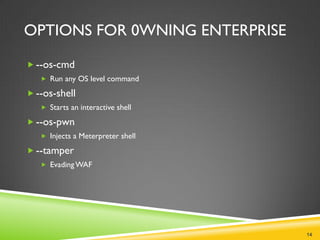 OPTIONS FOR 0WNING ENTERPRISE

 --os-cmd
    Run any OS level command

 --os-shell
    Starts an interactive shell

 --os-pwn
    Injects a Meterpreter shell

 --tamper
    Evading WAF




                                   14
 