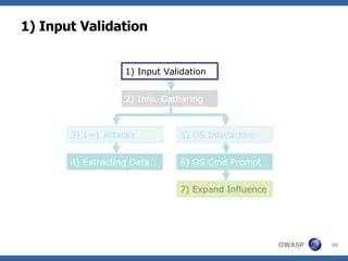 1) Input Validation 2) Info. Gathering  3) 1=1 Attacks  5) OS Interaction  6) OS Cmd Prompt 4) Extracting Data 7) Expand Influence 1) Input Validation 