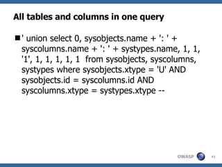 All tables and columns in one query ' union select 0, sysobjects.name + ': ' + syscolumns.name + ': ' + systypes.name, 1, 1, '1', 1, 1, 1, 1, 1  from sysobjects, syscolumns, systypes where sysobjects.xtype = 'U' AND sysobjects.id = syscolumns.id AND syscolumns.xtype = systypes.xtype -- 