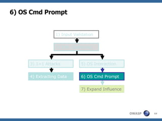 6) OS Cmd Prompt 7) Expand Influence 3) 1=1 Attacks  4) Extracting Data 1) Input Validation 2) Info. Gathering  5) OS Interaction  6) OS Cmd Prompt 