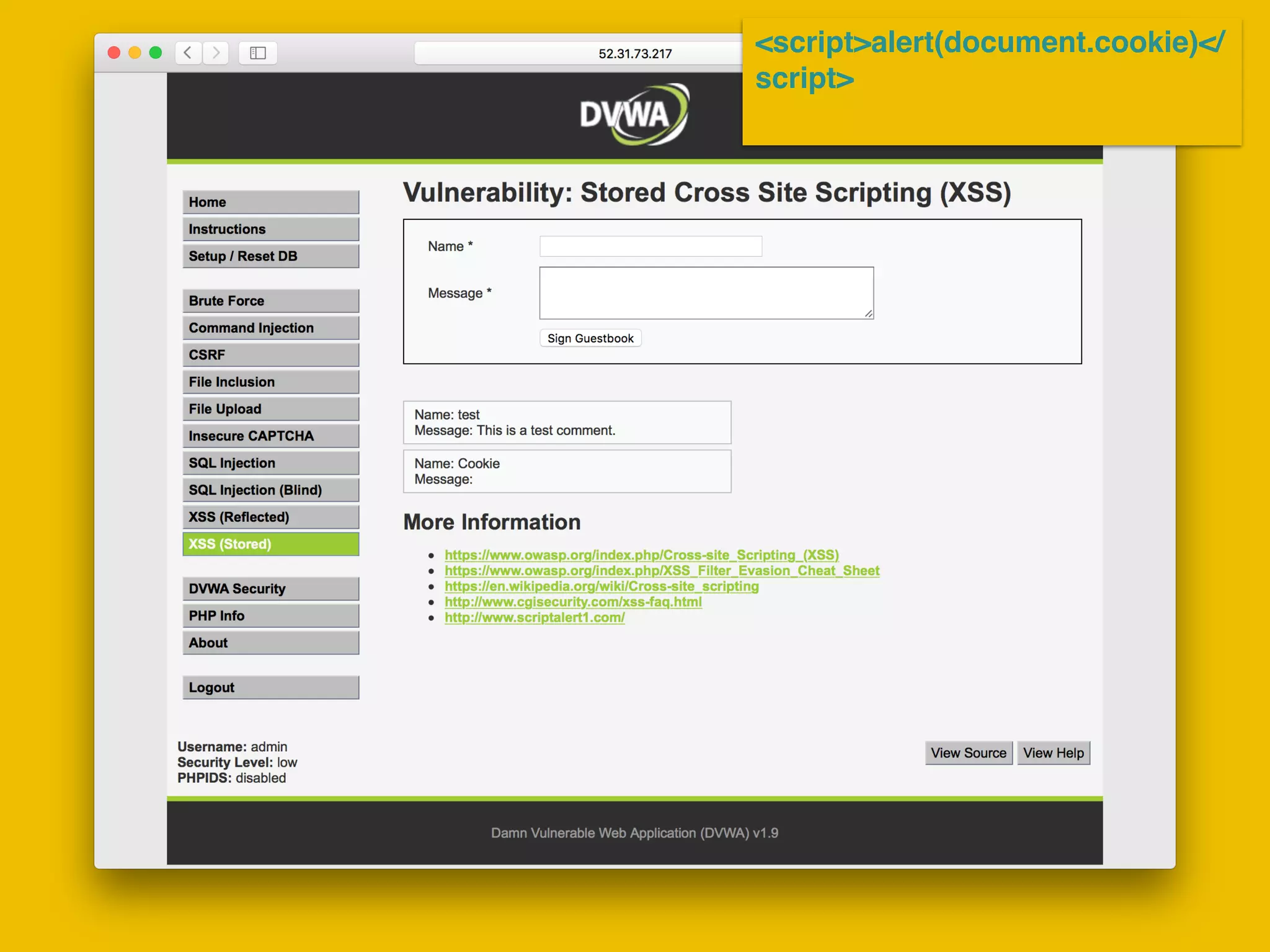 <script>alert(document.cookie)</
script>
 