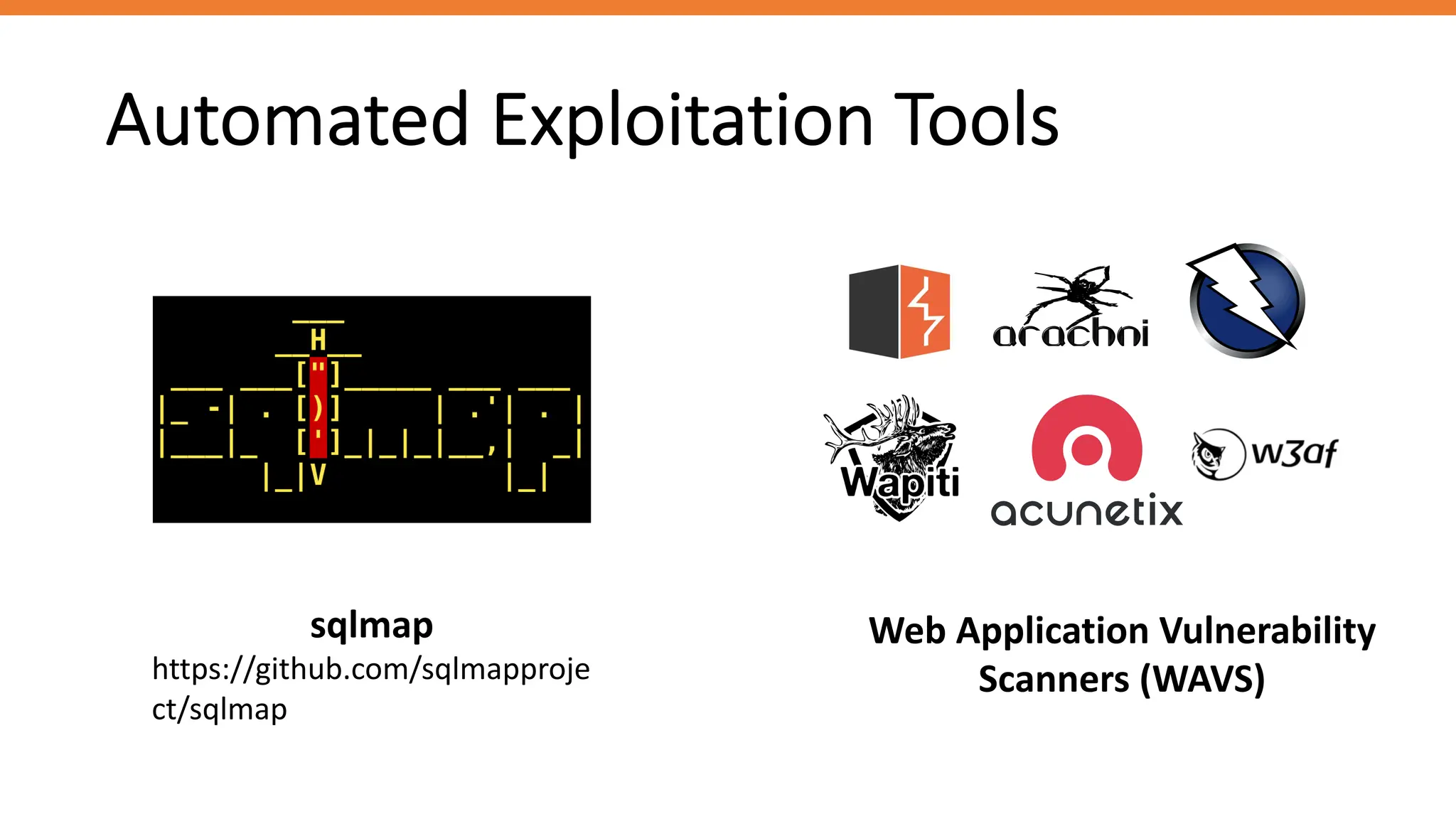 Automated Exploitation Tools
sqlmap
https://github.com/sqlmapproje
ct/sqlmap
Web Application Vulnerability
Scanners (WAVS)
 