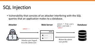 SQL Injection
• Vulnerability that consists of an attacker interfering with the SQL
queries that an application makes to a database.
Attacker Web Server Database
admin'--
select * from users
where username =
'admin'
Return the admin
user profile
Attacker gets logged
in as the admin user
Username
Password
 
